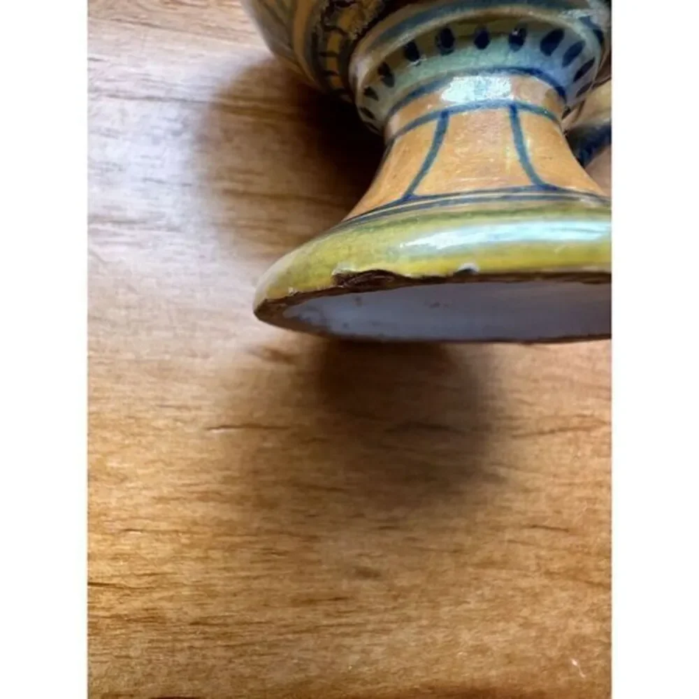 Pottery Candle Holder Finger Ring Blue Yellow Orange Vintage Made In‎ Italy
